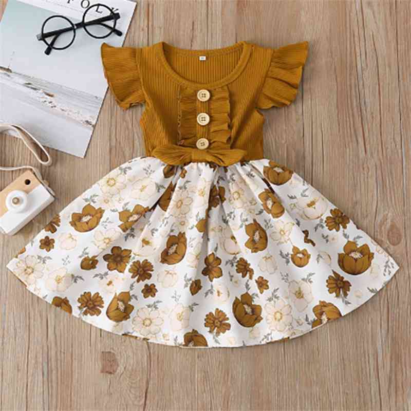 

Girls' summer short sleeve 2021 new princess dress Floral Dress, Brown