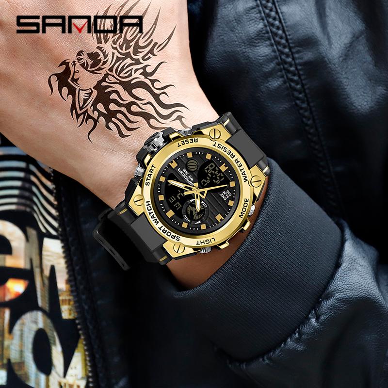 

Wristwatches SANDA Men's Military Sports Wrist Watch Multifunctional Waterproof Army Wristwatch Dual Display Male Clock Relogio Masculino, Gold