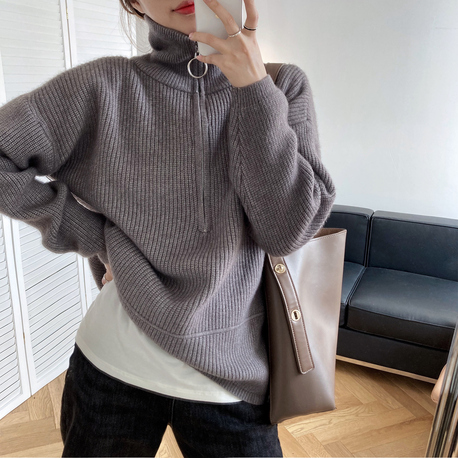 

2021 Female Spring High Design Zip Sleeve Jumper Fashion Pullovers Pull Femme Zbuj, Beige