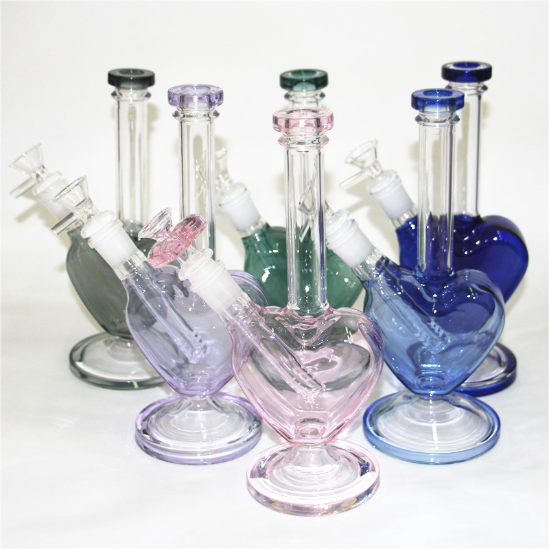 

Glass Bong Dab Rig Hookahs 14mm Joint Bongs Recycler Rigs Tube Water Pipe with pink heart shape smoking Bowl