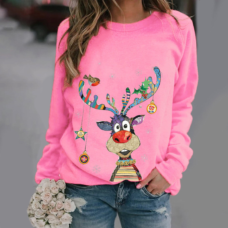 

European and Autumn and Winter Models Christmas Pattern Printing Long-sleeved Round Neck Sweater Women, Black