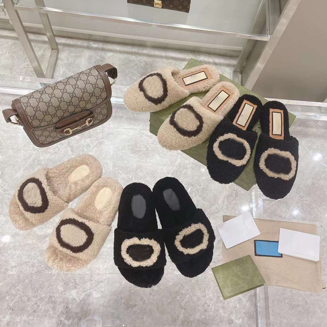 

2021 Luxurys designers Women Ladies wool Slippers Slides Winter fur Fluffy Furry Warm letters Sandals Comfortable Fuzzy Girl Flip Flop Slipper, Black