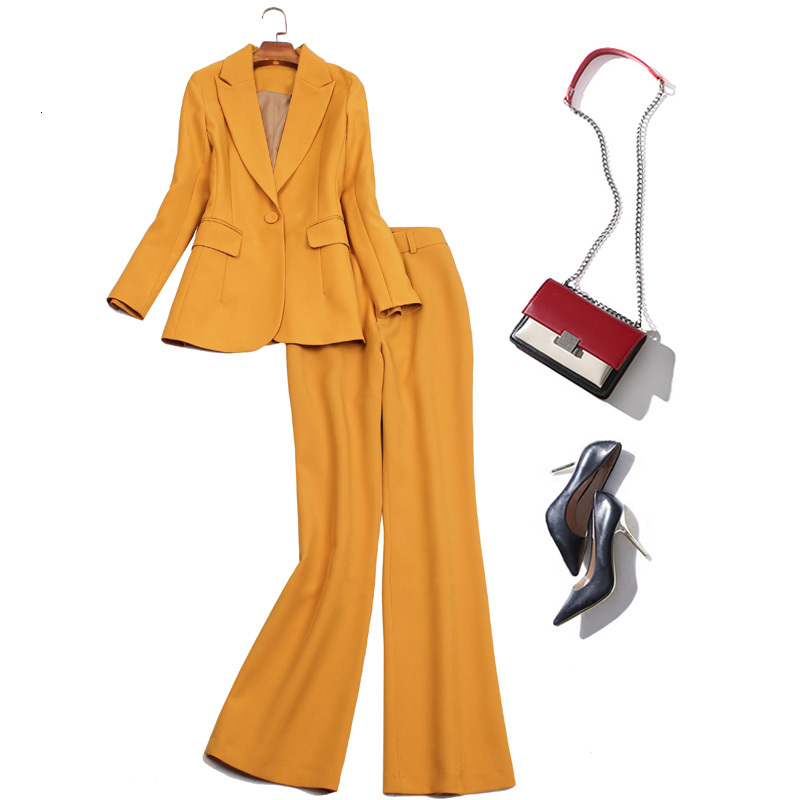 

Female Fashion New Spring Switch Blazer + Burnt Pants Suit Fall Set of Quality 2 Pieces Hvny, Yellow