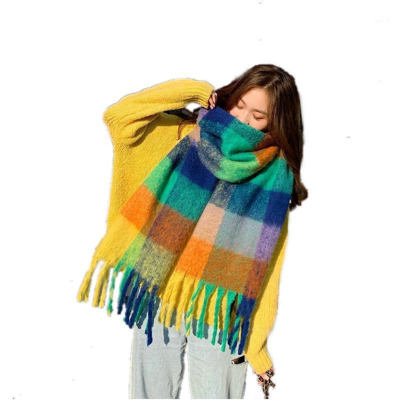 

Scarves 2021 Women Plaid Scarf Winter Pashmina Shawls Cashmere Thick Wraps Lady Tassel Warm Rainbow Hairy Bufanda, Blue;gray