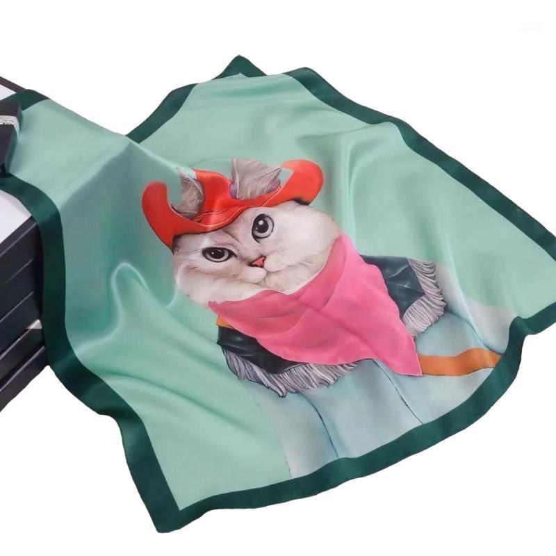 

Scarves 2021 Spring 100% Mulberry Silk Crepe Satin Scarf Luxury Illustration Ladies Fashion 53*53cm Small Square, Blue;gray