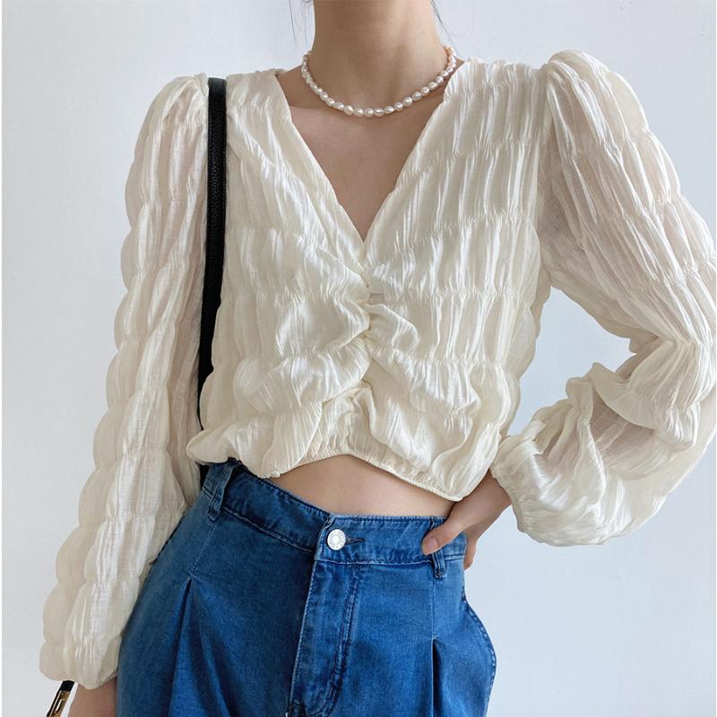 

Women's Blouses & Shirts Summer French V-neck Pleated Long Sleeve Chiffon For Women Korean Chic Elegant Casual Blouse Simple Fashion Blusas, Black