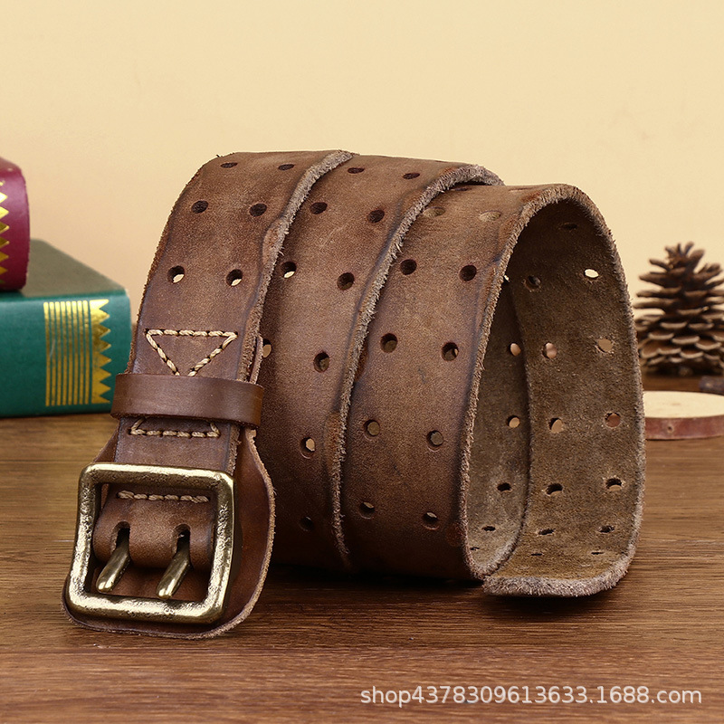 

2021 Hot Belts Luxe Marque Cow Genuine Leather Brass Copper Double Needle Buckle Young Men's Belt Brand New Style Cowboy J2xr, Black