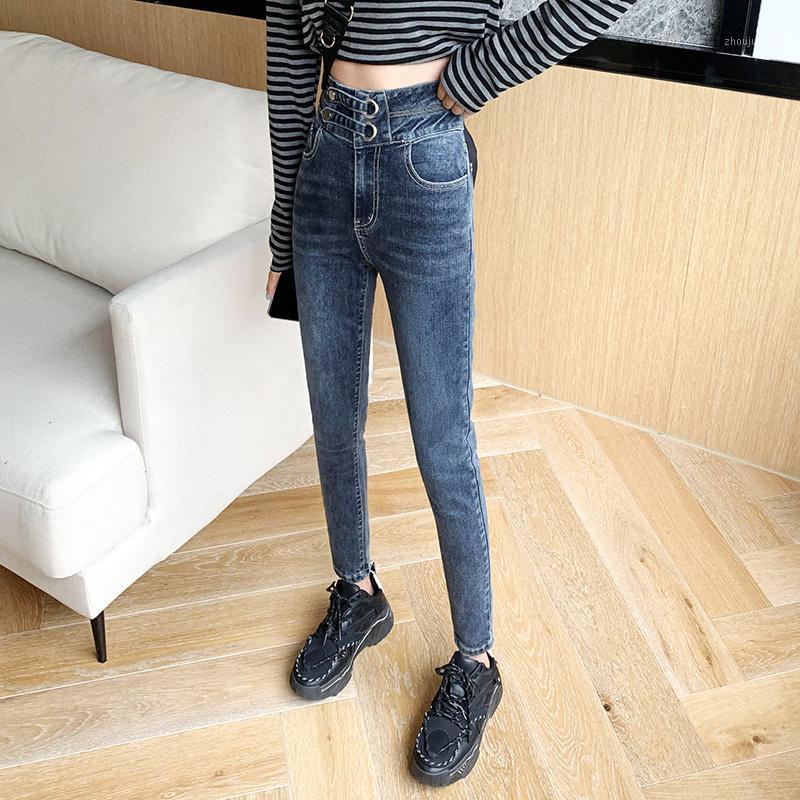 

Women High Waist Double Breasted Pencil Jeans Female Streetwear Denim Trousers Autumn Lady Stretch Straight Length Pants Women's, Blue gray
