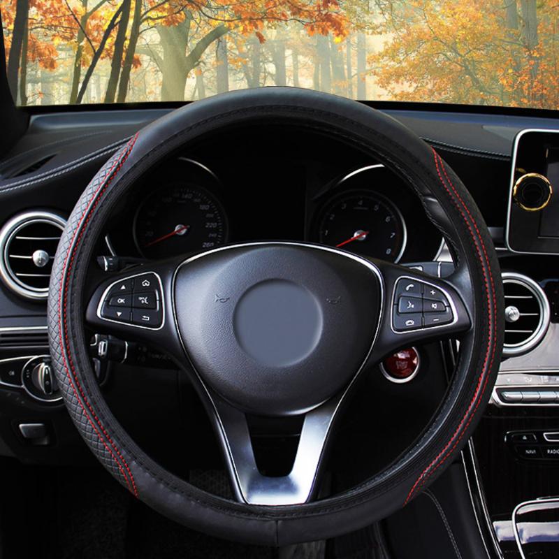 

Steering Wheel Covers PU Leather Car Black Stitches Cover Anti-slip Interior Parts Good Grip Accessories