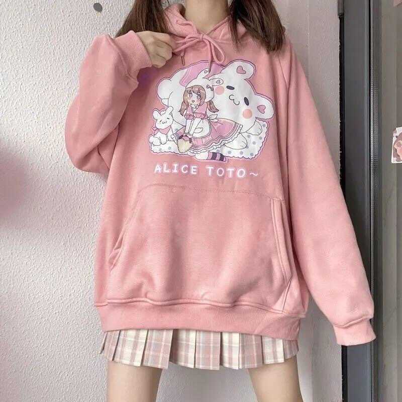 

Japanese BF women sweatshirt Winter plus velvet loose Harajuka cartoon print pink sweet fashion kawaii hoodie 210608