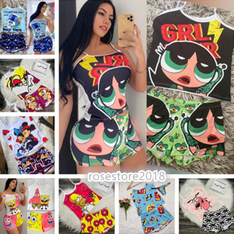 

Women Designer Clothing Summer Colorful Two-piece Cartoon Printed Vest and shorts Fashion Suit The New Arrivals Listing, Gray