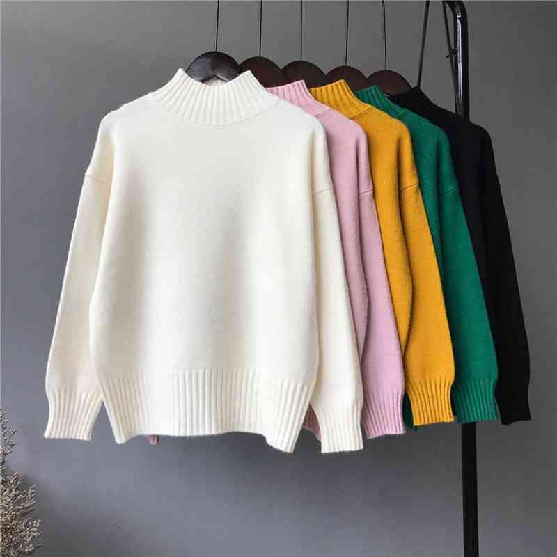 

women turtleneck sweater winter thick warm knitted pullovers casual solid long sleeve loose sweaters oversize female jumper, White;black