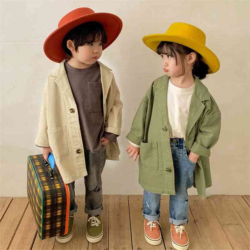 

Spring Japan style unisex solid color cotton long trench Boys and girls soft loose jackets coats 210708, Green