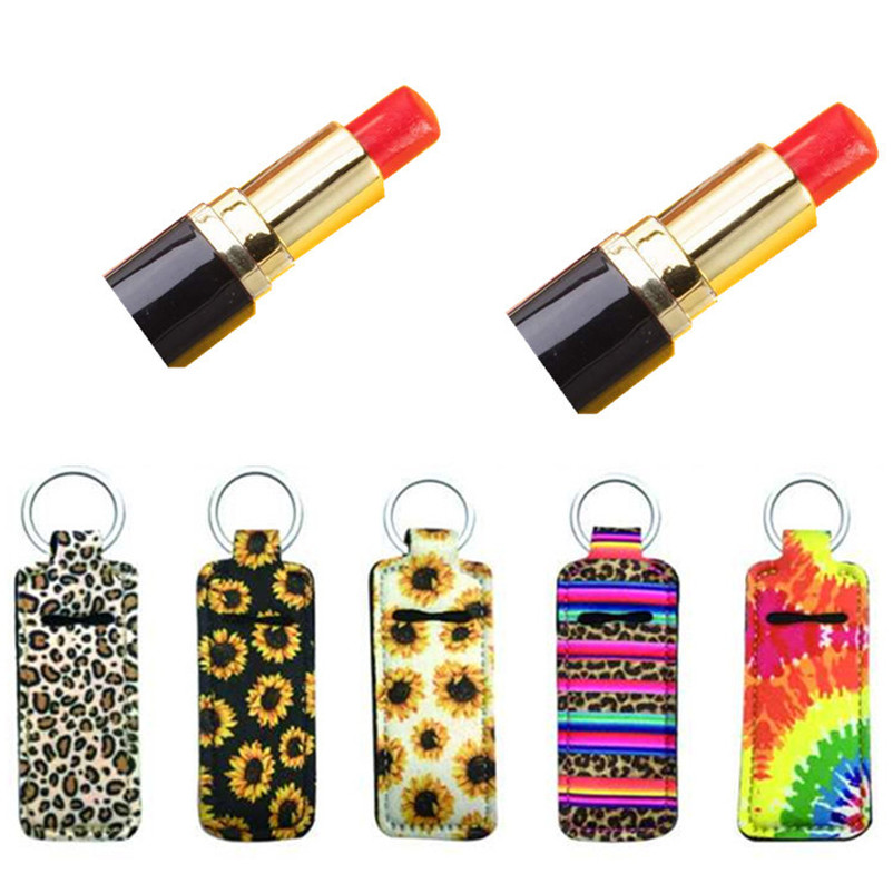 

2021 New Floral Kiss Print Marble Color Neoprene Chapstick Holder Handy Lip Balm Keychains Neoprene Lipstick Holder Keychain Pouch bag