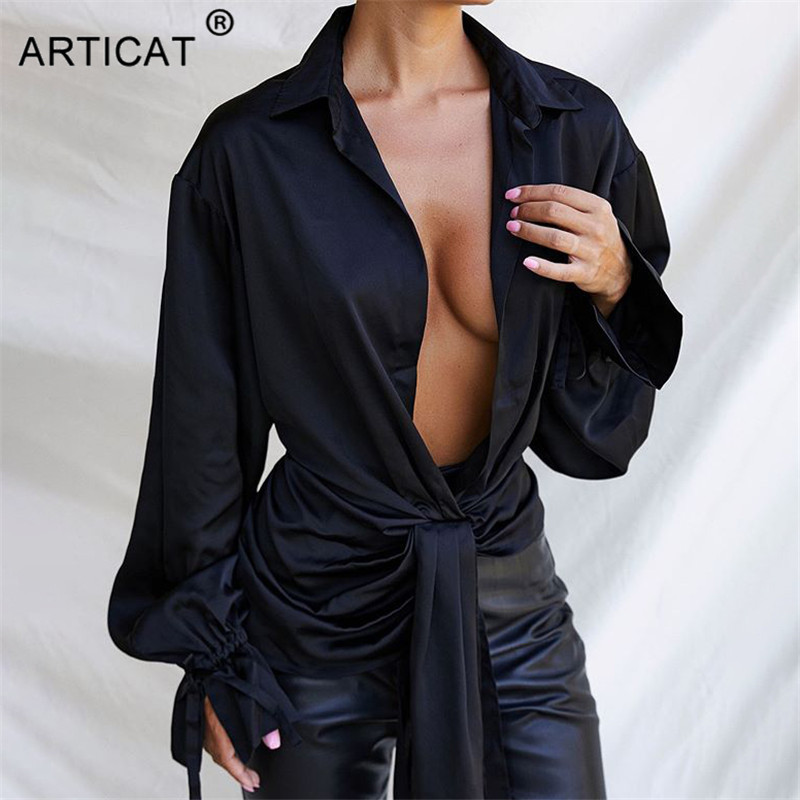 

deep v neck petal sleeve blouses woman black bandage irregular loose shirts women winter casual oversized high quality, Black;gray