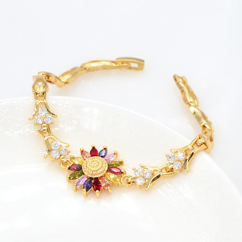 

Link, Chain Fashion Women CZ Bracelet Colorful Sunflower Gold Color Cubic Zirconia Charm Bangles Jewelry Gifts