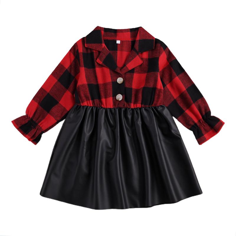 

CitgeeSpring Autumn 2-7Y Kids Toddler Baby Girl Red Plaid Collar Single Breasted Lantern Long Sleeve Black Patchwork Dress, As pic