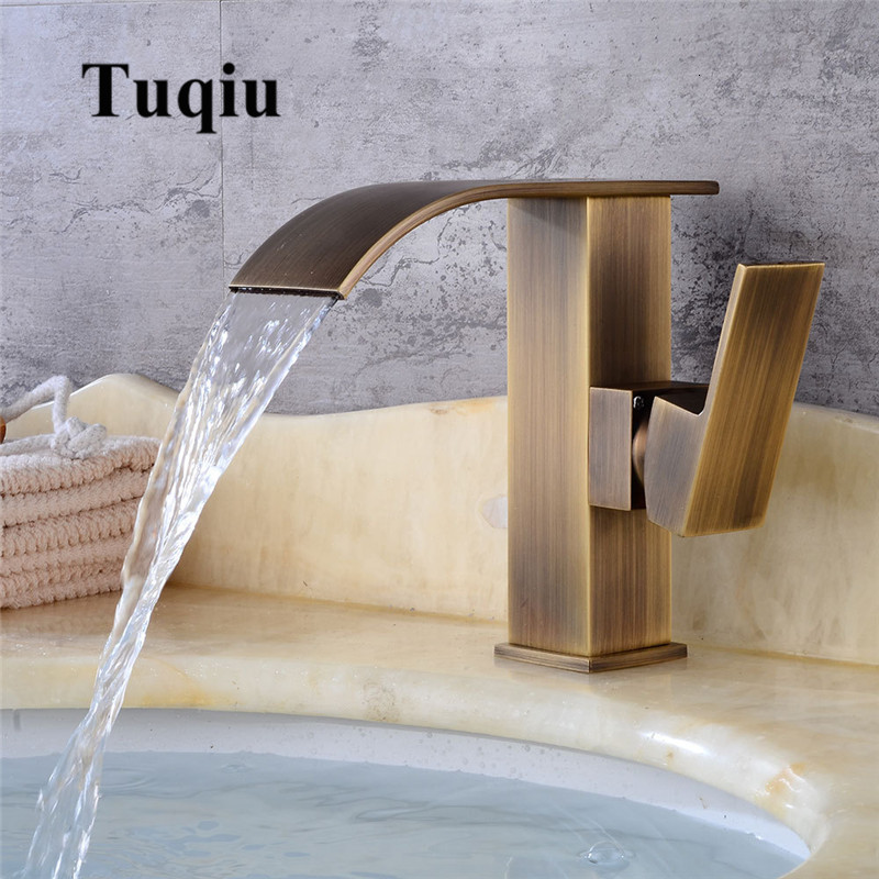 

2021 New Hot Cold Waterfall Antique Bronze Wash Basin Mixer Bathroom Deck Mounted Sink Faucet Lavatory Tap Slye