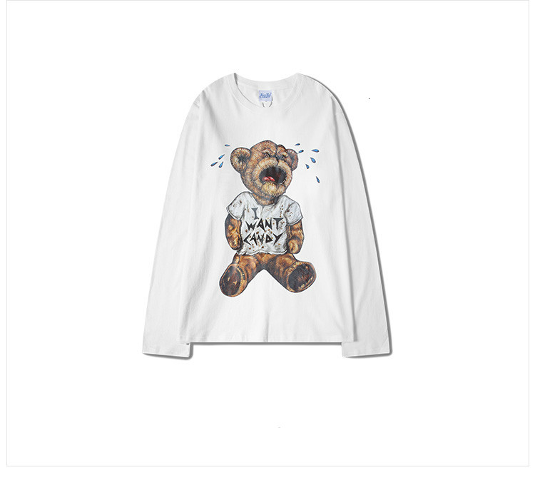 

2021 New Vero Oversize Camisa De Manga Longa Homens Dos Desenhos Animados Urso Impresso Harajuku t Camisas Masculino Skate Hip Hop Amantes W, White