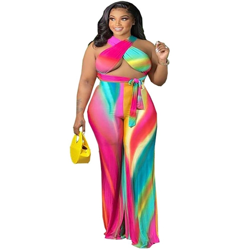 

Tie Dye Beach Two Piece Outfits For Women Sets Clothes Black Girl Crop Top Tee And Wide Leg Pants Trousers Wholesale 210525, Multi