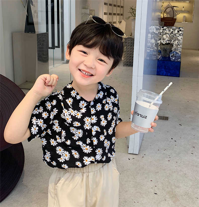 

Summer boys daisy print short sleeve shirts korean style kids cotton casual thin Tops Clothes 210615, Black
