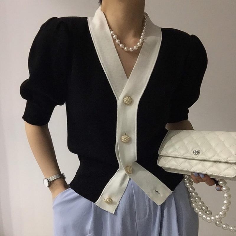 

Women's Knits & Tees Jumpers Chic Casual Retro Contrast V Neck Puff Sleeve Cropped Cardigan Coat Slim Full 4 Color Knitted Sweater Tops Pull, White