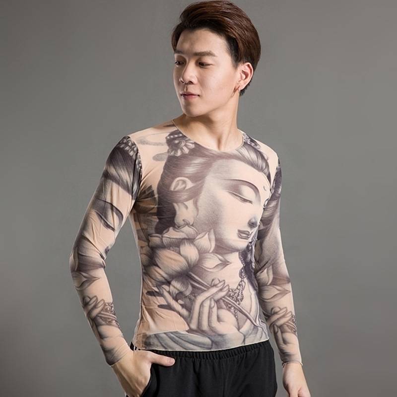 

clothes men's summer Tattoo society tight print T-shirt lovers 3D tattoo Guan Gong vest women's long sleeve flower arm dragon tide