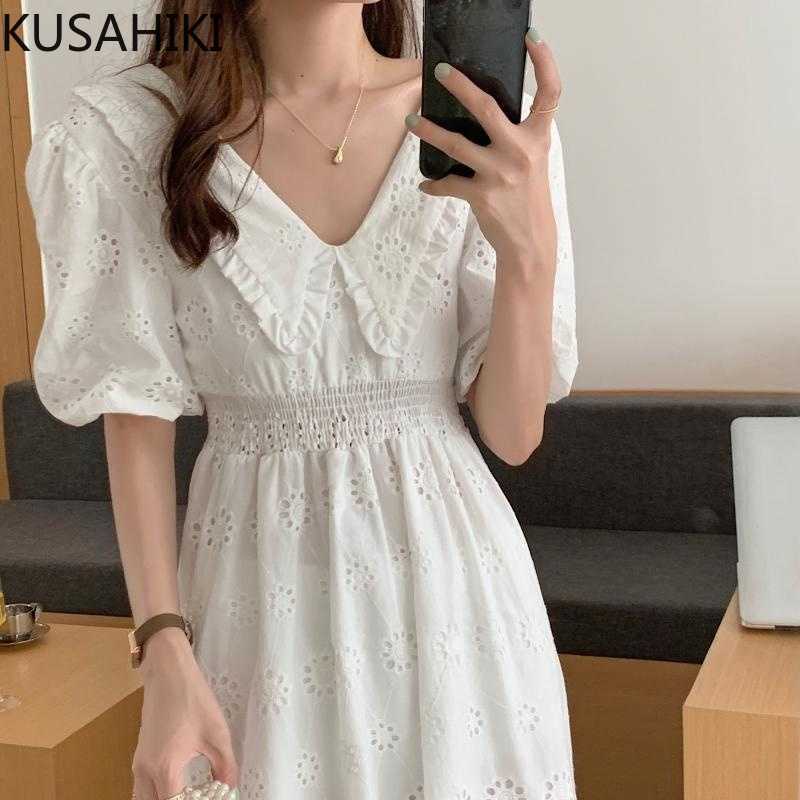 

KUSAHIKI Sweet Embroidery Hollow-out Woman Dress Puff Sleeve Stretch Waist Vestidos Femme Summer Backless Dresses 6H298 210602, White