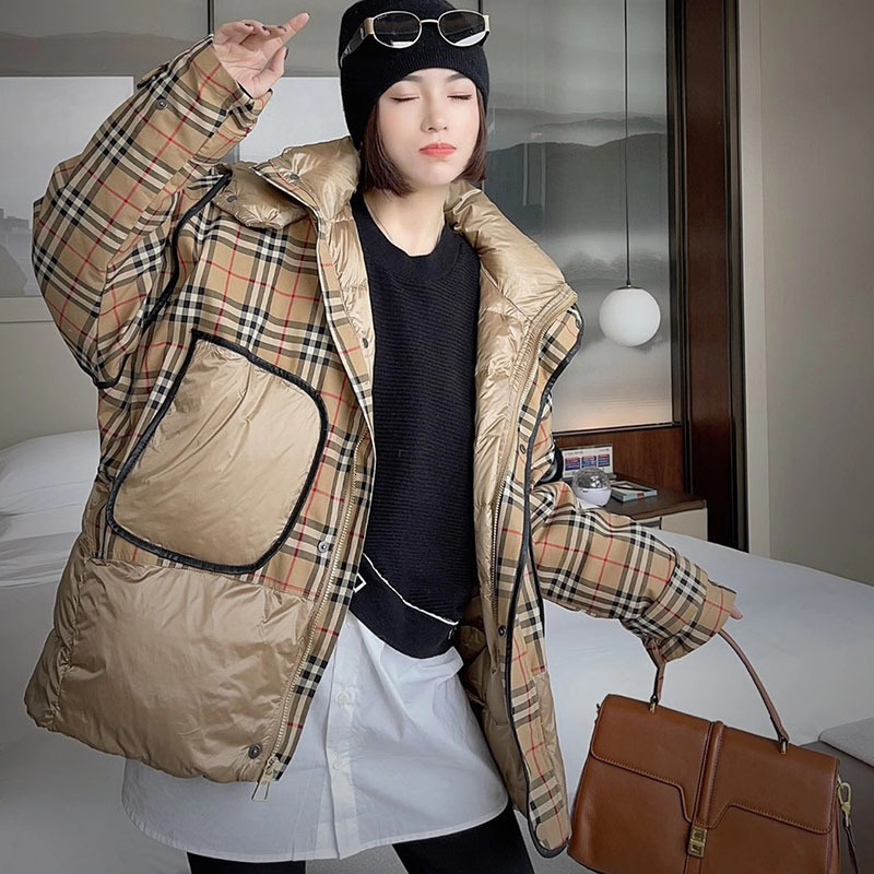 

down jacket net red stripe plaid stitched women's 2021 european winter hooded medium and long white duck, Black