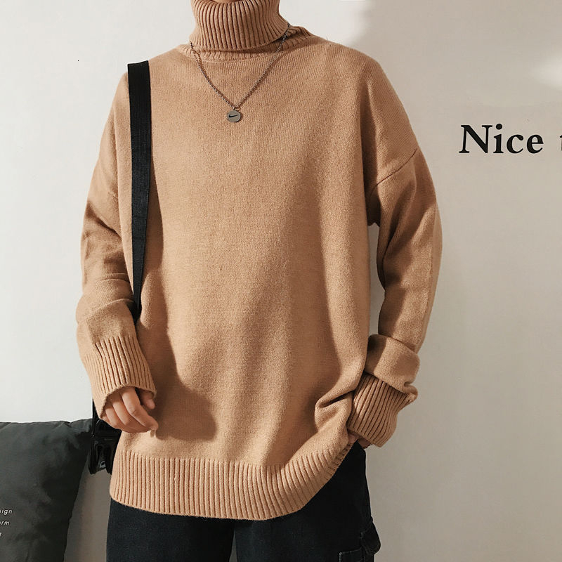 

2021 New Winter Thick Turtleneck Sweater Men's Warm Fashion Solid Color Casual Knitted Pullover Men Loose Knitting Sweaters Mens Clothes 2ex, Khaki