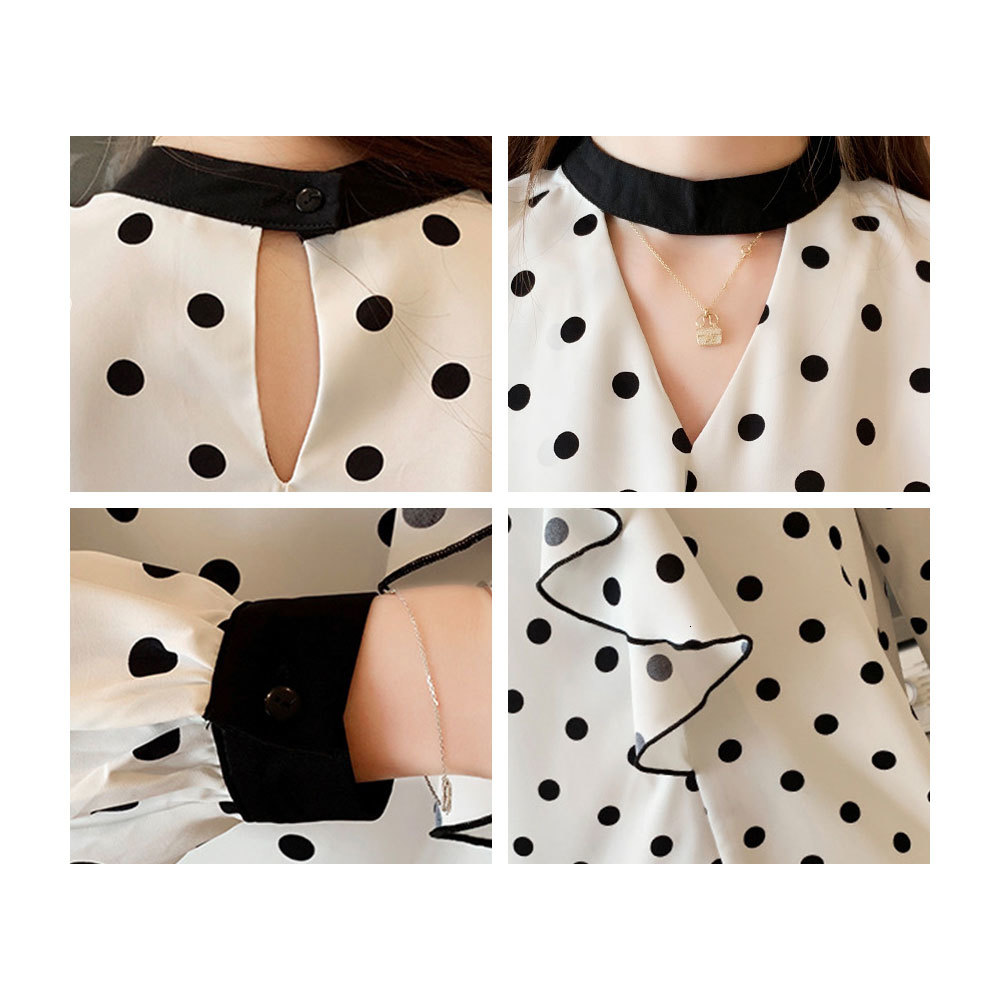 

2021 New Elegant Korean Chiffon Blouses Women Long Sleeve Hollow Out v Neck Polka Dot Blouse Female Ruffles Shirt Beach Holiday Mmkl, White