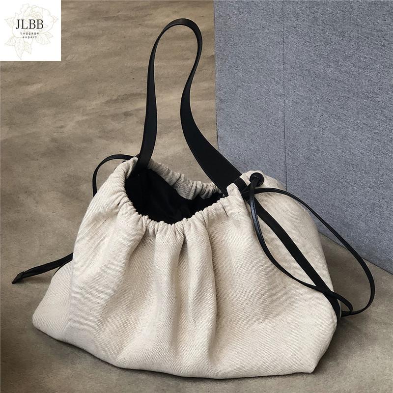 

Korean Contrast color Women handbag Drawstring canvas ladies shoulder bag large capacity travel bag female big totes bolsas bao, Beige