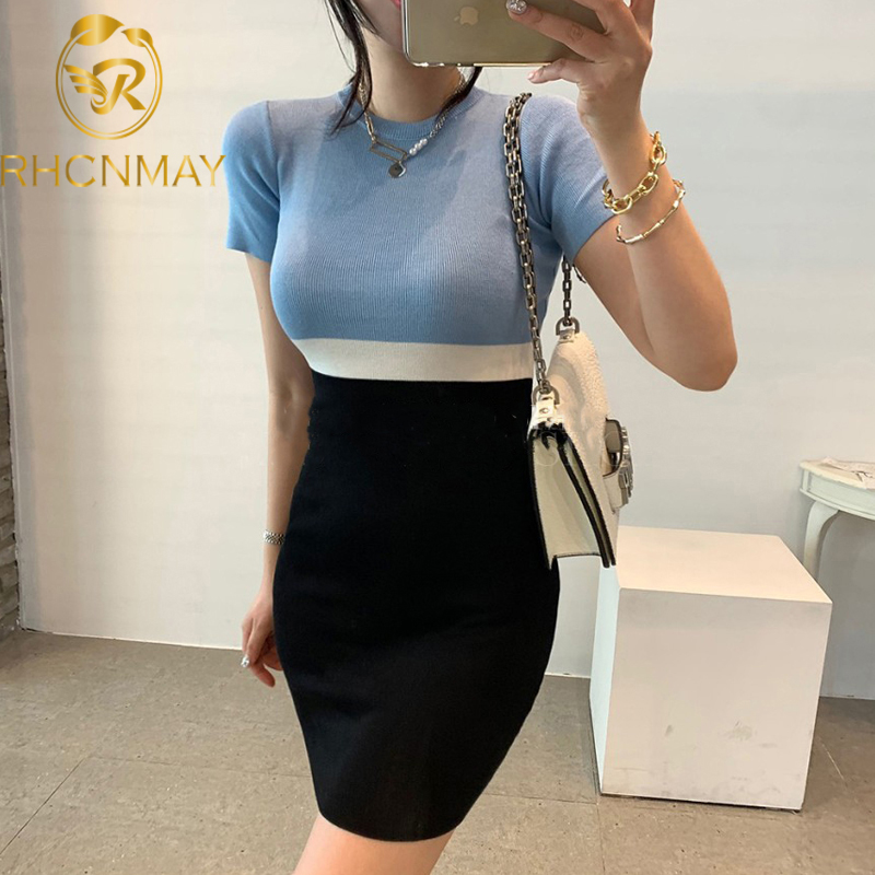 

2021 summer elegant korean knitted mini dress women short sleeve o-neck patchwork slim pencil fashion dresses vestidosswimwear bathing, Black;gray