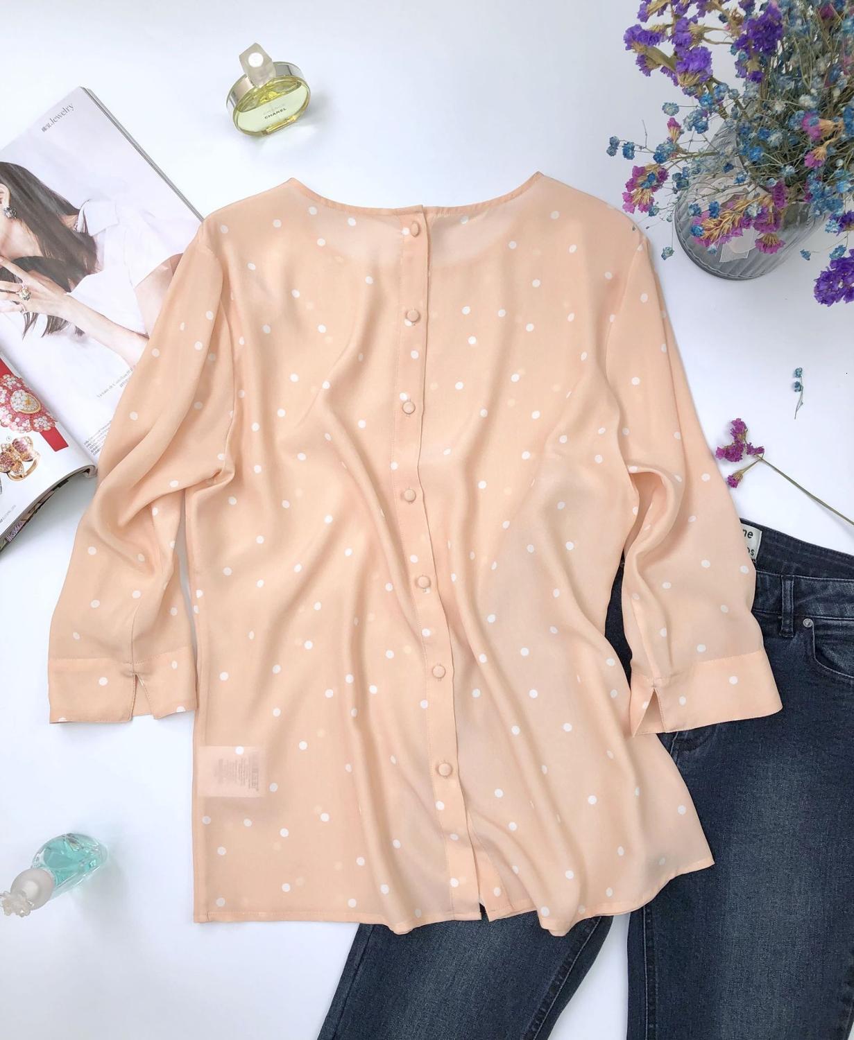 

2021 New 100% Mulheres De Seda Rosa Blusa Polka Dot Print Voltar Nico-breasted Doce Camisa Topo Novo Napu, Black