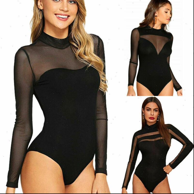 

mesh sheer body suit womens romper turtleneck spring long sleeve leotard jumpsuit 6 16, Black;white