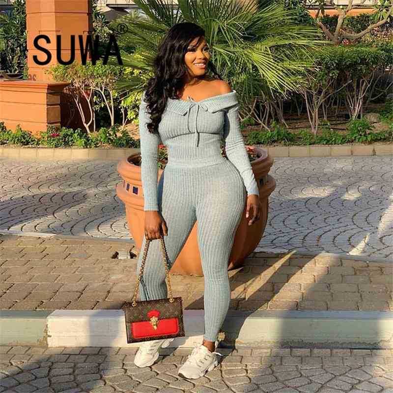 

Recommend Style Knit Fall Winter Women Sets Two Piece Outfits Slash Collar Long Sleeve Pullover Top Trousers Sexy Club Wear 210525, Gray