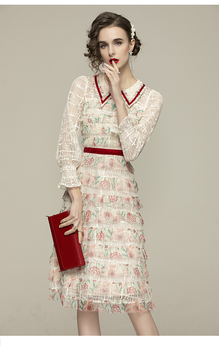 

Fresh and sweet 2021 spring lapel stitching floral lace cake dress temperament puff sleeve dress, Customize