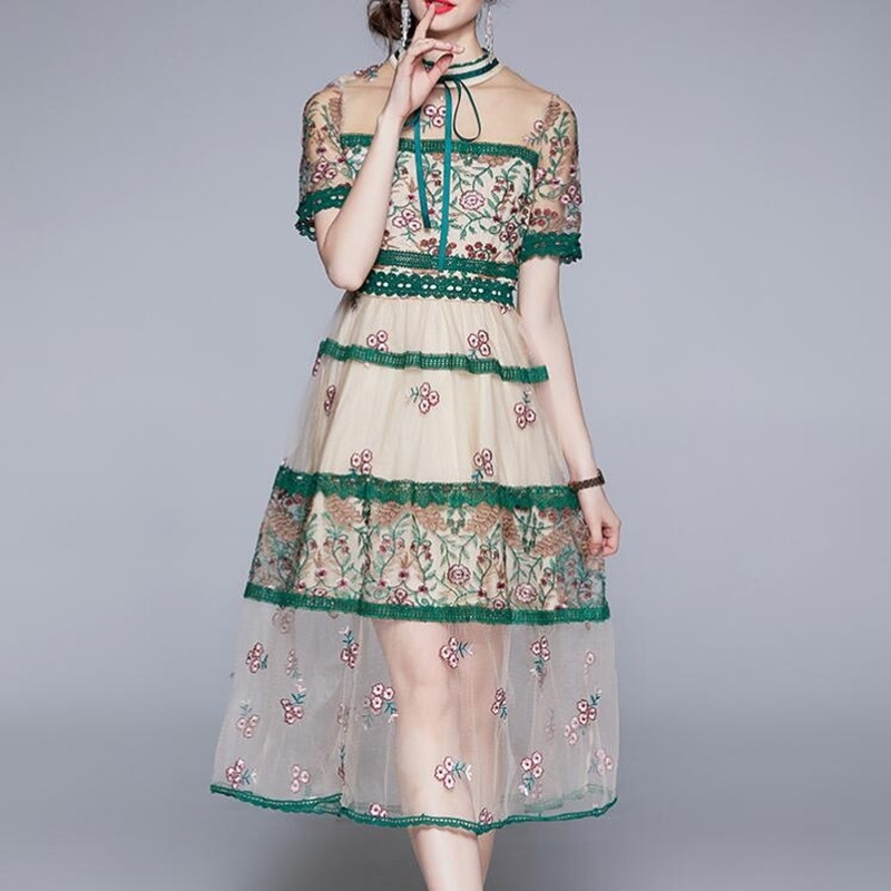 

ZAWFL Women Dress Summer Vintage Elegant Mesh Embroidery Stitching Puff Sleeve Large Swing Lace Vestidos 210603, Picture color