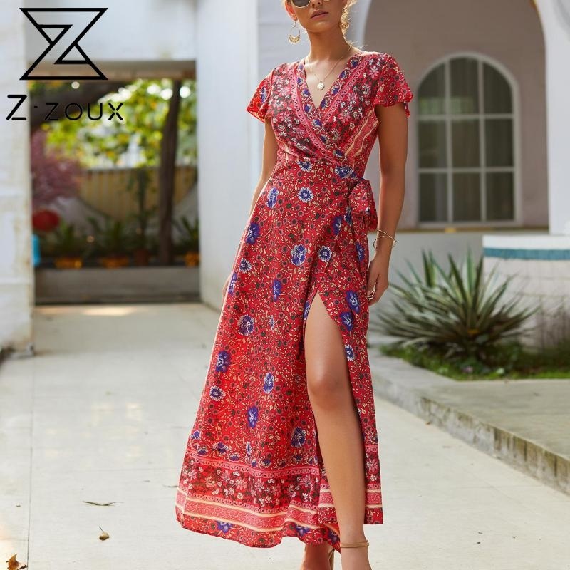 

Women Dress Bandage Butterfly Sleeve V-Neck Print Dresses Plus Size Sexy Long Flowers Summer Clothes 210524, 01