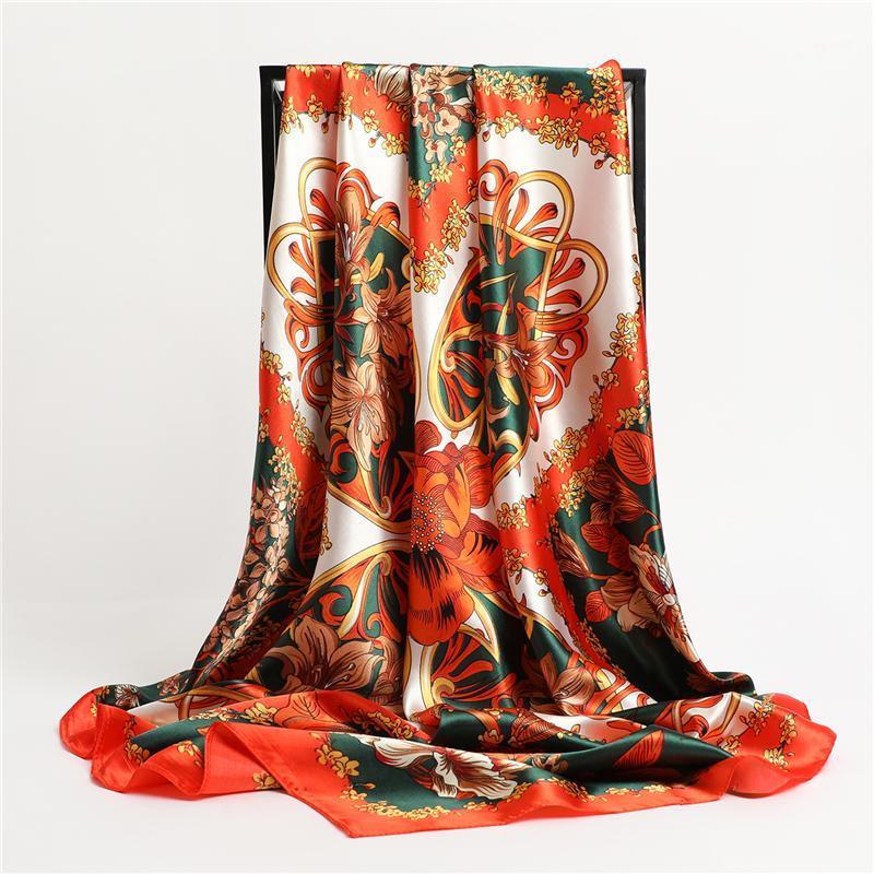 

Scarves 2021 Flower Print Silk Square Sarf Women Stole Retro Hijab Ladies Headscarf Female Headband Neckerchief Hair Wrap Bandana, Blue;gray