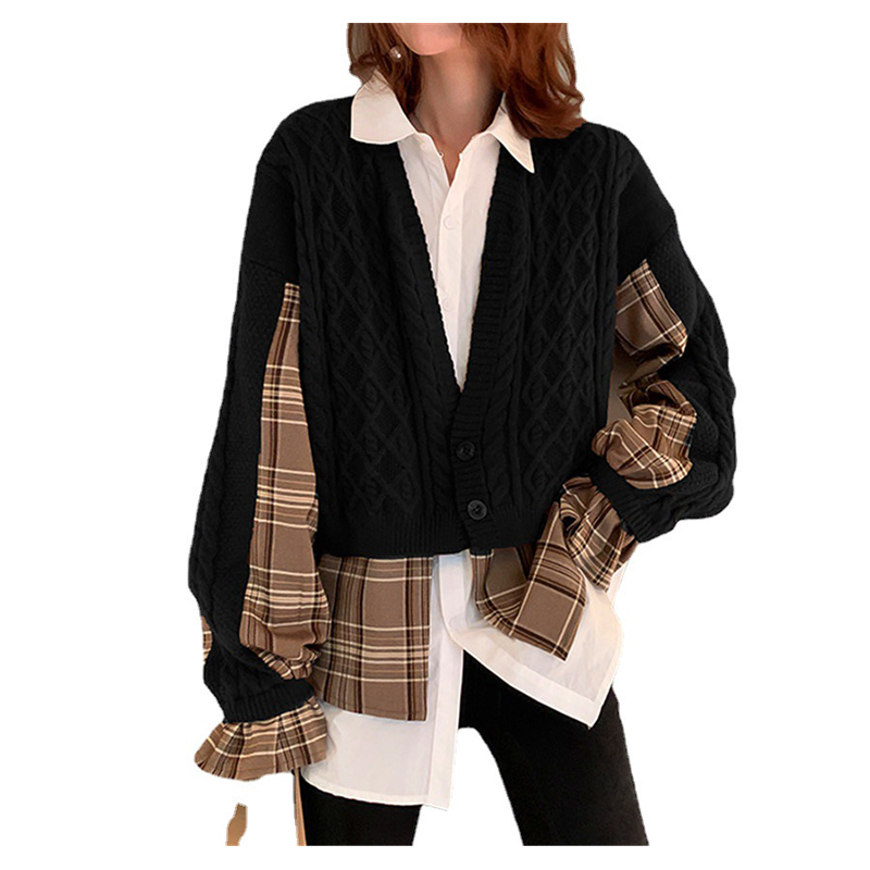 

Women's Cardigan Knitted Patchwork Fake two piece Plaid Stylish Casual Soft Long Sleeve Regular Fit Sweater Cardigans Shirt Collar Fall, White;black