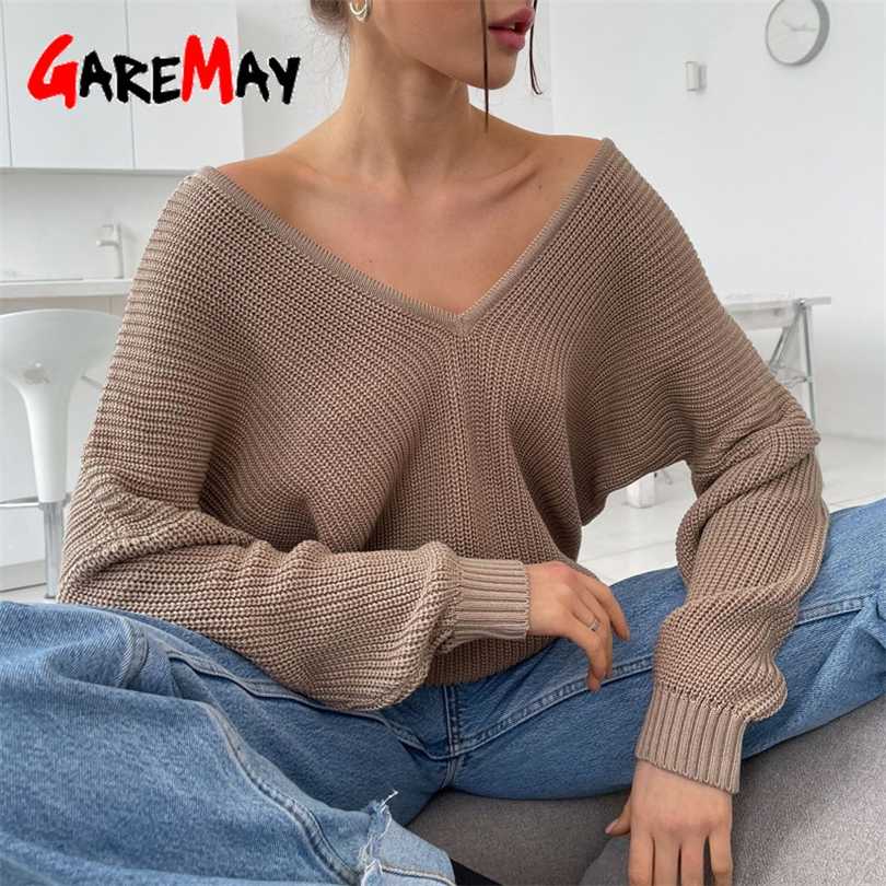 

Women' Oversize Sweater Knitted Autumn Winter V Neck Blue Thick Knit Pullover Long Sleeve White Warm Sweaters for Women 211018