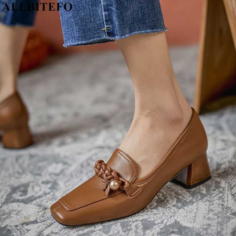 

ALLBITEFO size 34-42 chain design real genuine leather women heels shoes square toe kitten heels fashion high heels basic shoes 210611, As picture