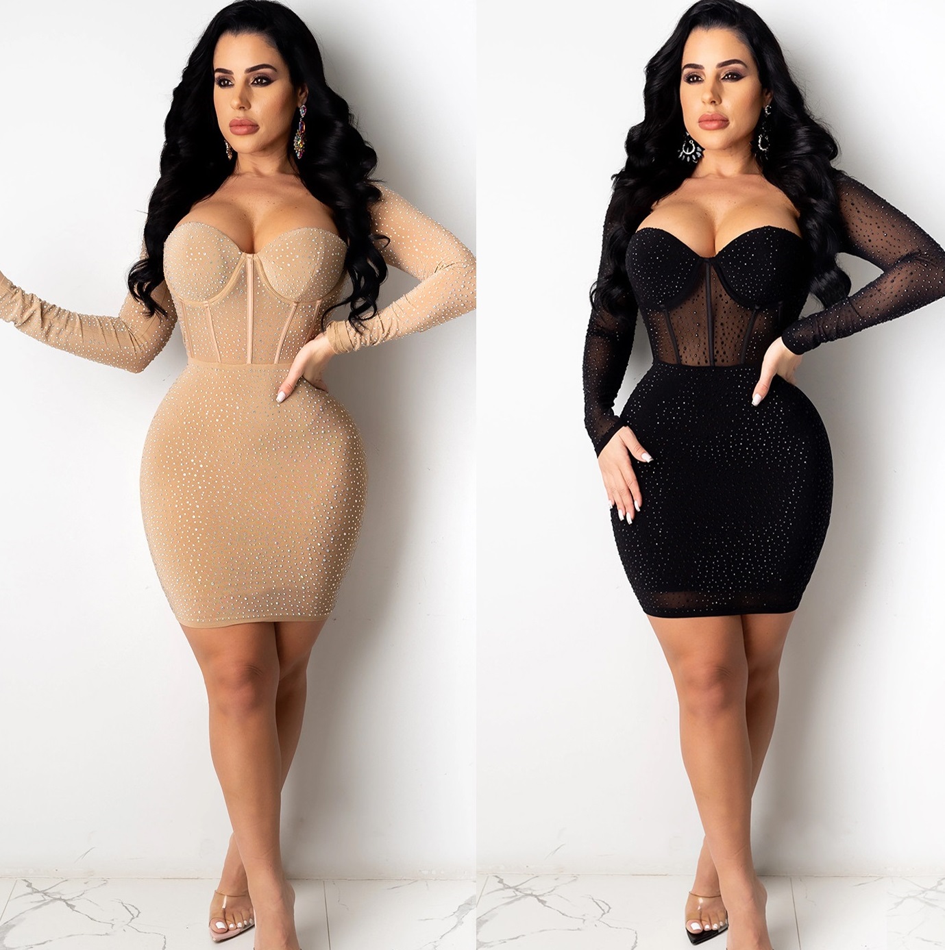 

Women Boho Dress designer Casual dress Evening Gown Party short Summer Sundress Clothing dresses for woman V-neck top bra Sheer Hollow Out Beading skirt lace big hips, Beige
