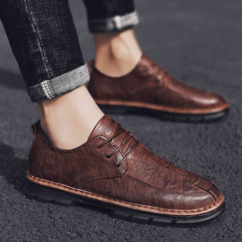 

dress shoes men casual outdoor mens leather sewing for men lace-up brand fashion flats comfortable non-slip sneakers h1fo, Black