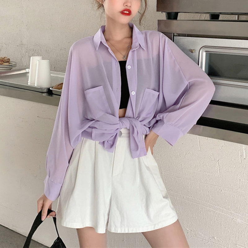 

2021 New Women Chiffon Blouse Long Sleeve Spring Summer Lilac Tops Pocket Thin Sunscreen Shirt Bikini Cover Up Beachwear Hrir, Purple