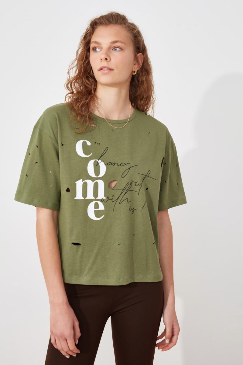 

Women's T-Shirt Trendyol Printed Loose Knitted TWOSS21TS3128, Haki