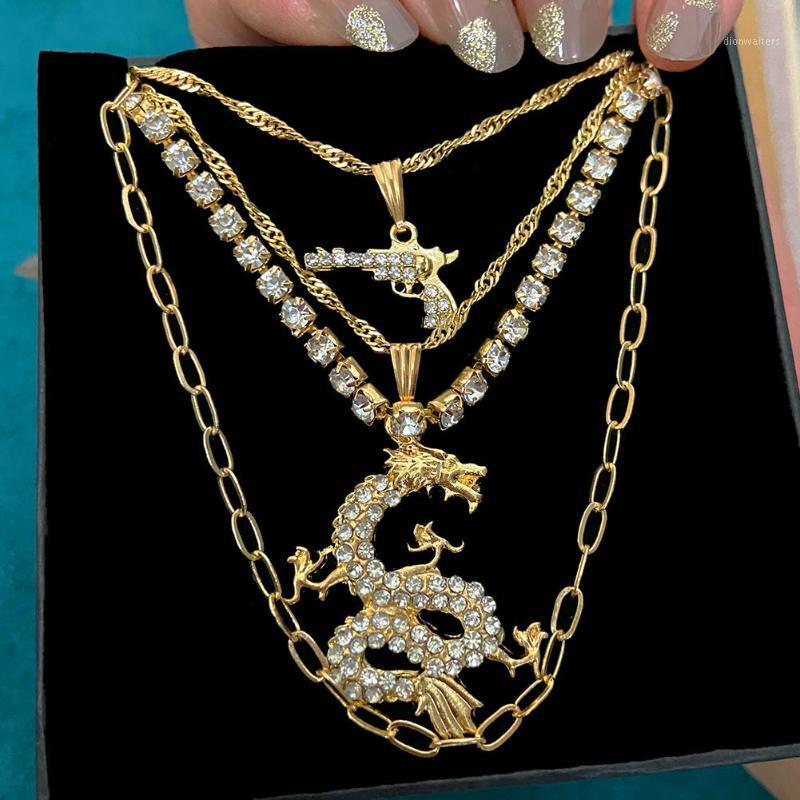 

Silver Color Shiny Dragon Crystal Chain Pendant Necklace For Women Multilayer Punk Pistol Gun Choker Trendy Jewelry Chains