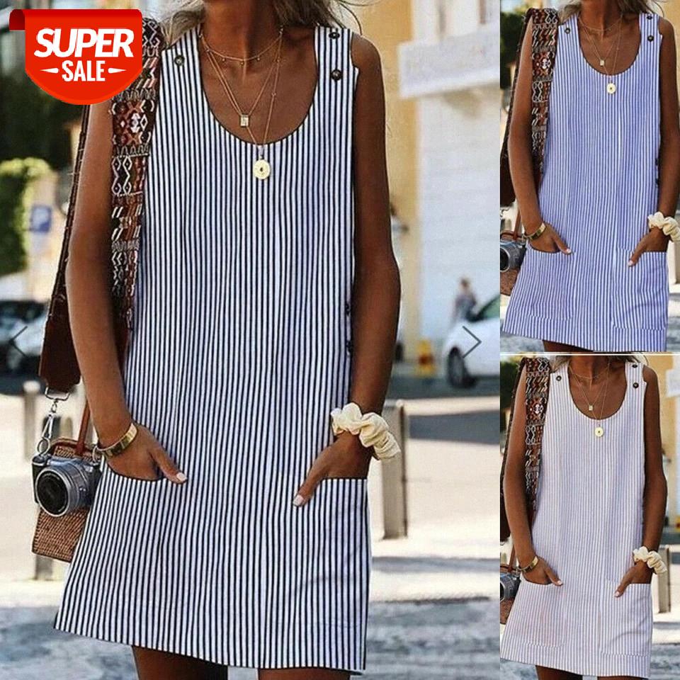 

Plus Size Women Boho Stripe Short Mini Dress Party Evening Summer Beach Holiday Pocket Sleeveless Loose Casual Dress Sundress #3V1H, Black;gray