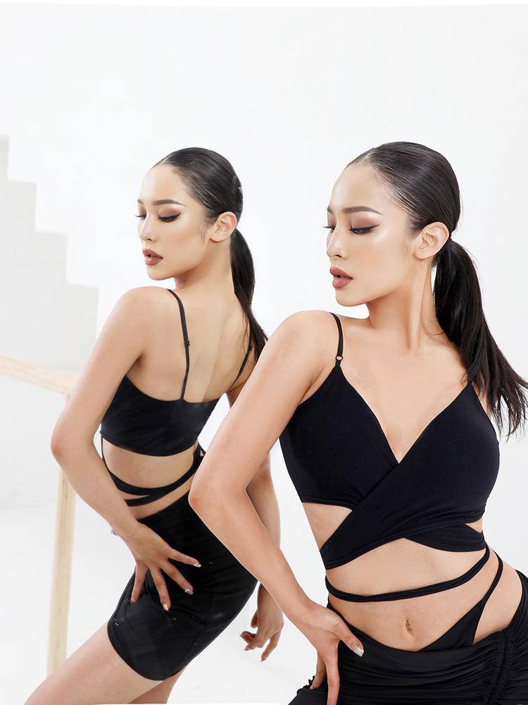 

Stage Wear ZYMdancestyle Ty Wrap Top #2124 ZYM Latin Dance With Bra Cross Over Tie Up Summer Collection Dancesport Slim Fit, Black;red